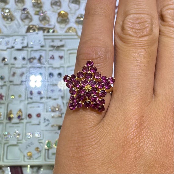 14k Solid Yellow Gold Star Ring with Natural Amet… - image 1