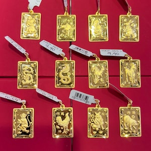 24k Solid Gold Zodiac Rectangle Pendant, Pure Gold 999.9 Animal Charms for Necklace, Chinese Character FU / 福 Large Size Pendant