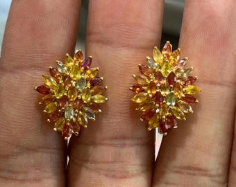 Natural Multi Color Sapphire Earrings Diamond Shape, 14k Solid Yellow Gold Omega Back Earrings with Natural Sapphire, 100% Handmade