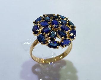 14k Solid Yellow Gold Cluster Ring Natural Sapphire, Unique Ring for Her, Oval Cut Sapphire Non-Enhanced