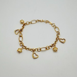 18k Solid Gold Oval & Round Link Charm Bracelet, Heart and Star Charms in Diamond Cut, 4.25MM Disc Chain Bracelet, 7 Inch 4.35 Grams