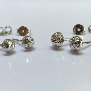18k Solid Gold Half Dome Stud Earrings 5mm 6mm Diamond Cut, Dainty Ball Push Back Earrings, 18k White Gold Push Back Studs Diamond Cut