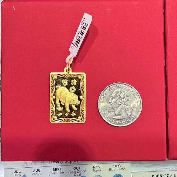 24k Solid Gold Zodiac Rectangle Pendant, Pure Gold 999.9