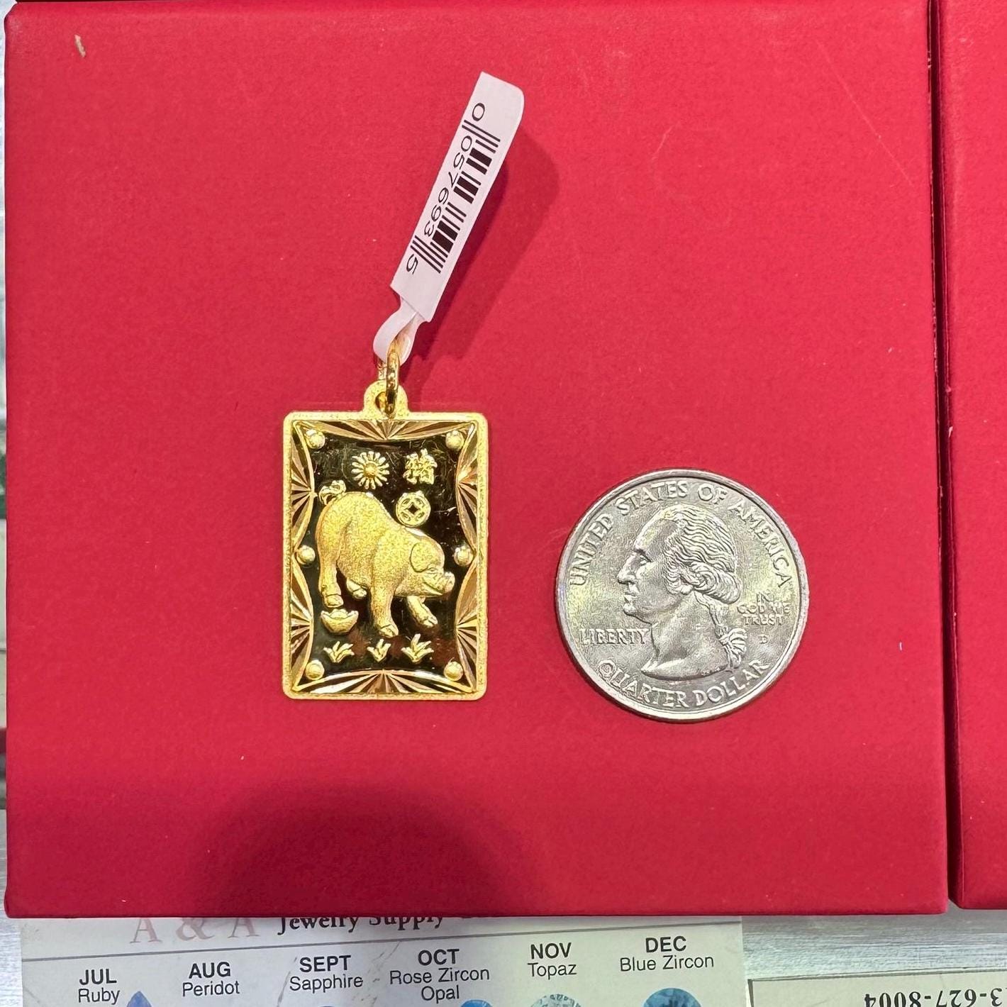 24k Solid Gold Zodiac Rectangle Pendant, Pure Gold 999.9