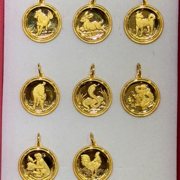 24k Solid Yellow Gold Zodiac Round Pendant, Chinese Character Animal Charms for Necklace, Fu Good Fortune Luck