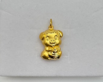 24k Solid Yellow Gold Cute Pig Pendant, 999.9 Pure Gold 3D Dragon Charm for Necklace, Smiling Pig with Ingot, 4.5 Grams