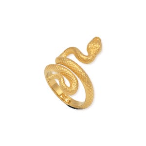 Könnte beinhalten: Ein goldfarbener Ring in Form einer gewundenen Schlange. Die Metalloberfläche weist ein detailliertes, strukturiertes Schuppenmuster auf dem gesamten Körper der Schlange auf, wobei der Kopf oben am offenen Ringband positioniert ist.