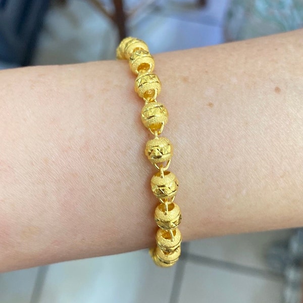24k Yellow Gold Beaded Bracelet, Solid 24k Gold Ball Wristband, 5.8mm Ball Charms, 7 Inch 10.80 Grams