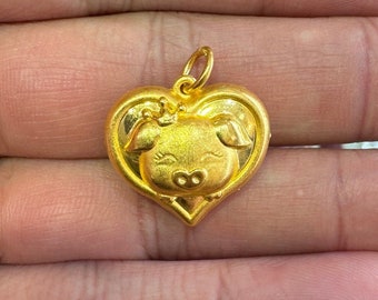 24k Solid Yellow Gold Pig Charm, Heart Animal Pendant in 999.9 Gold, Cute Love Pendant for Necklace, 4.5 Grams