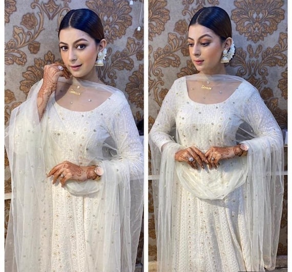 white chicken anarkali suit