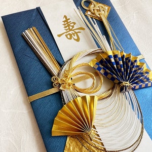 Hochzeit Deko Umschlag mit Blauem Washi Papier - Japanischer Goldfächer Motiv - Groß