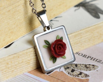 Red Rose Necklace Polymer Clay Pendant Burgundy Flower Jewelry