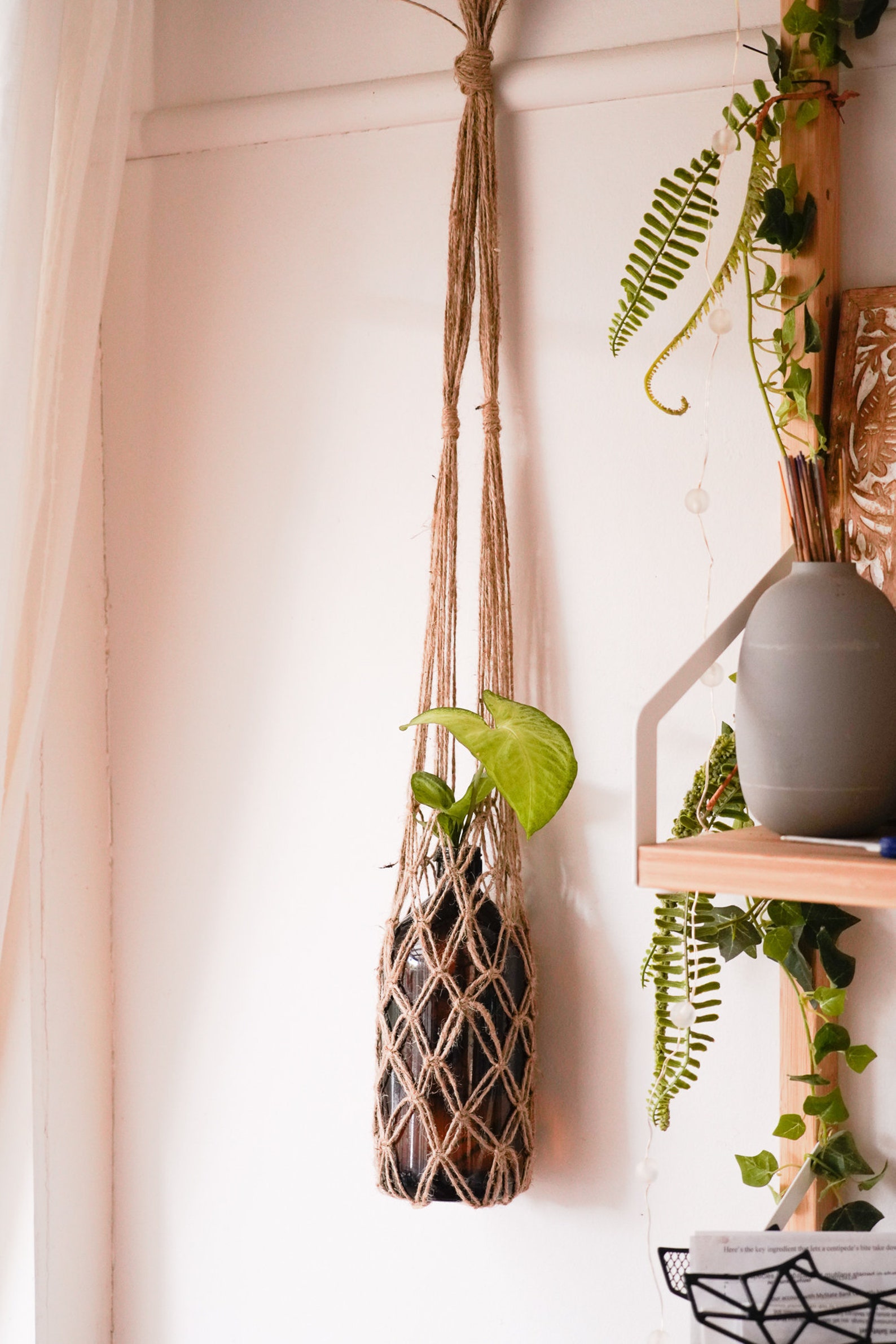 Jute plant hanger water bottle carrier or glass wall hanging. Etsy