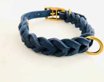 COPENHAGEN leather collar braided Navy I Gold