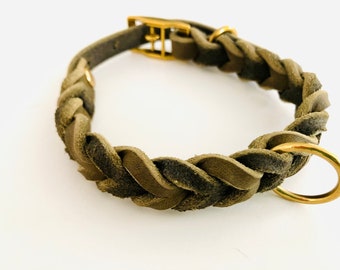 SIENA collar leather braided olive I gold