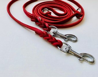 PARIS 3-way adjustable leash made of grease leather, approx. 2 meters red I silver