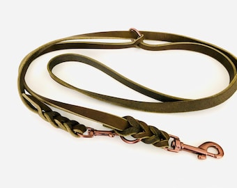 ACCRA 3-way adjustable leash made of olive I chocolate leather