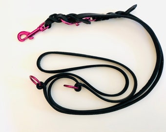 BERLIN 3-way adjustable grease leather leash Black I Pink