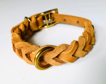 SAVANNAH Collar in leather braided Cognac I Gold