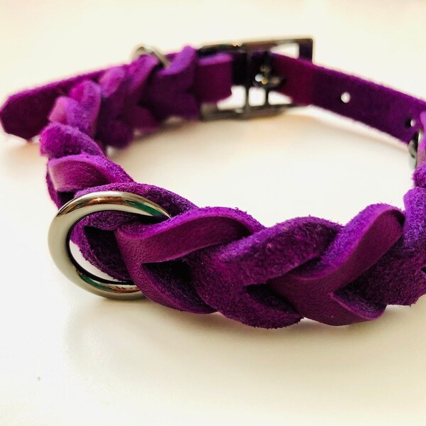 TULUM leather collar braided violet I anthracite