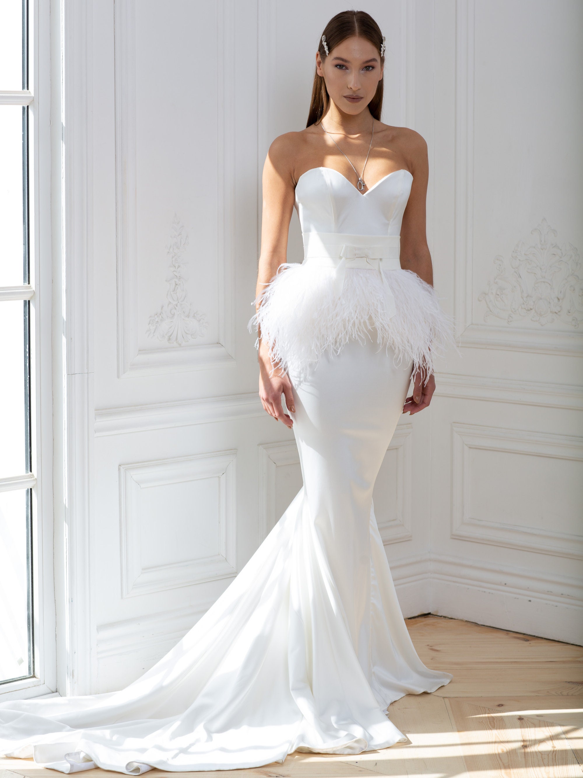 Feather Satin Wedding dress with a long train mermaid classic | Etsy
