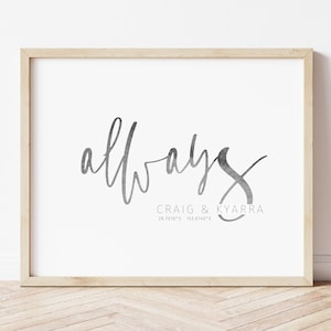 Always & Forever Personalised Engagement Gift, Couple&#39;s Name Printable, Wedding Gift, Engagement Present, Watercolour, 11x14in