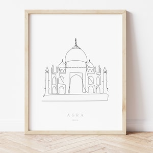 Agra India Wall Art, Taj Mahal Line Art, Minimalist, Line Drawing, India Poster, Printable Wall Art, City Line Drawing, Travel Print