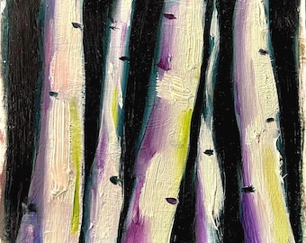 Olieverfschilderij berkenbomen: impastokunst op houten paneel, 6 x 6 inch