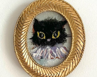 Impasto Black Cat Oil Painting: Original Cats Art Small Textured Artwork Clown Arts (3.5x2.5'')