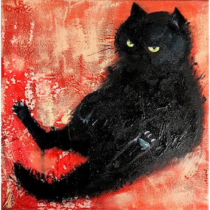黒猫の絵画 オリジナル絵画 インパスト油絵 猫のオリジナルアート 猫の油絵 黒猫のアートワーク 猫の絵画 10 x 10''