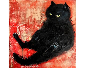 Impasto Black Cat Oil Painting: Original Textured Artwork (10x10'')