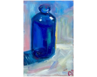 Impasto Oil Painting: Blue Bottle Still Life Art (8x12'')