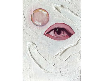 Dipinto a olio originale Eye Impasto: piccola opera d'arte surreale (5x7'')