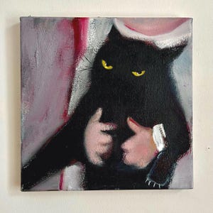 Impasto Black Cat Oil Painting: Original Cats Art Small Textured Artwork (8x8'')