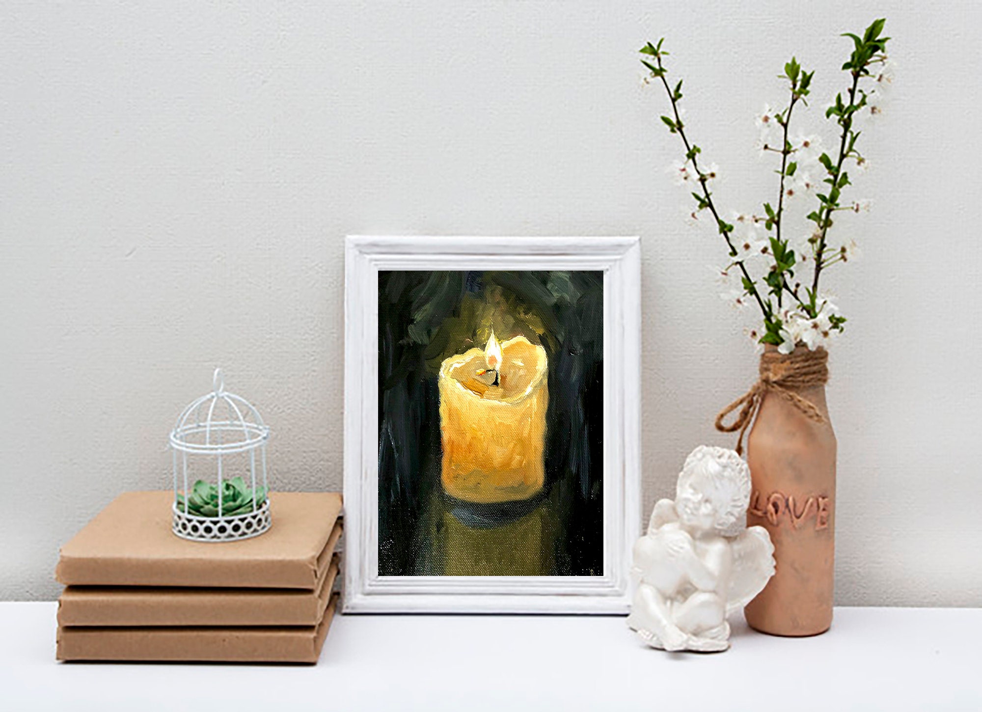 Oil Painting Original Candle Oil Painted Candle Fire Cozy Evening