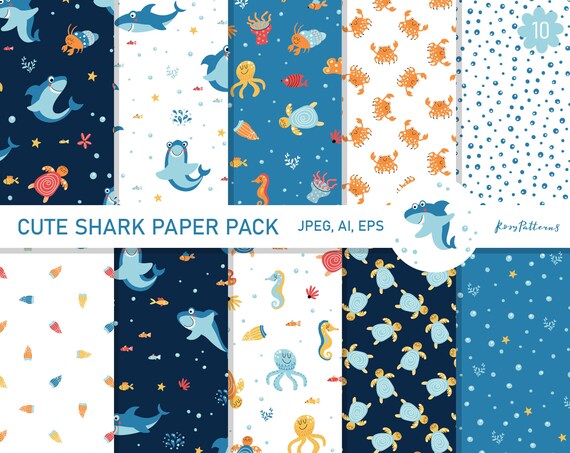 Baby shark digital paper seamless pattern sea background | Etsy