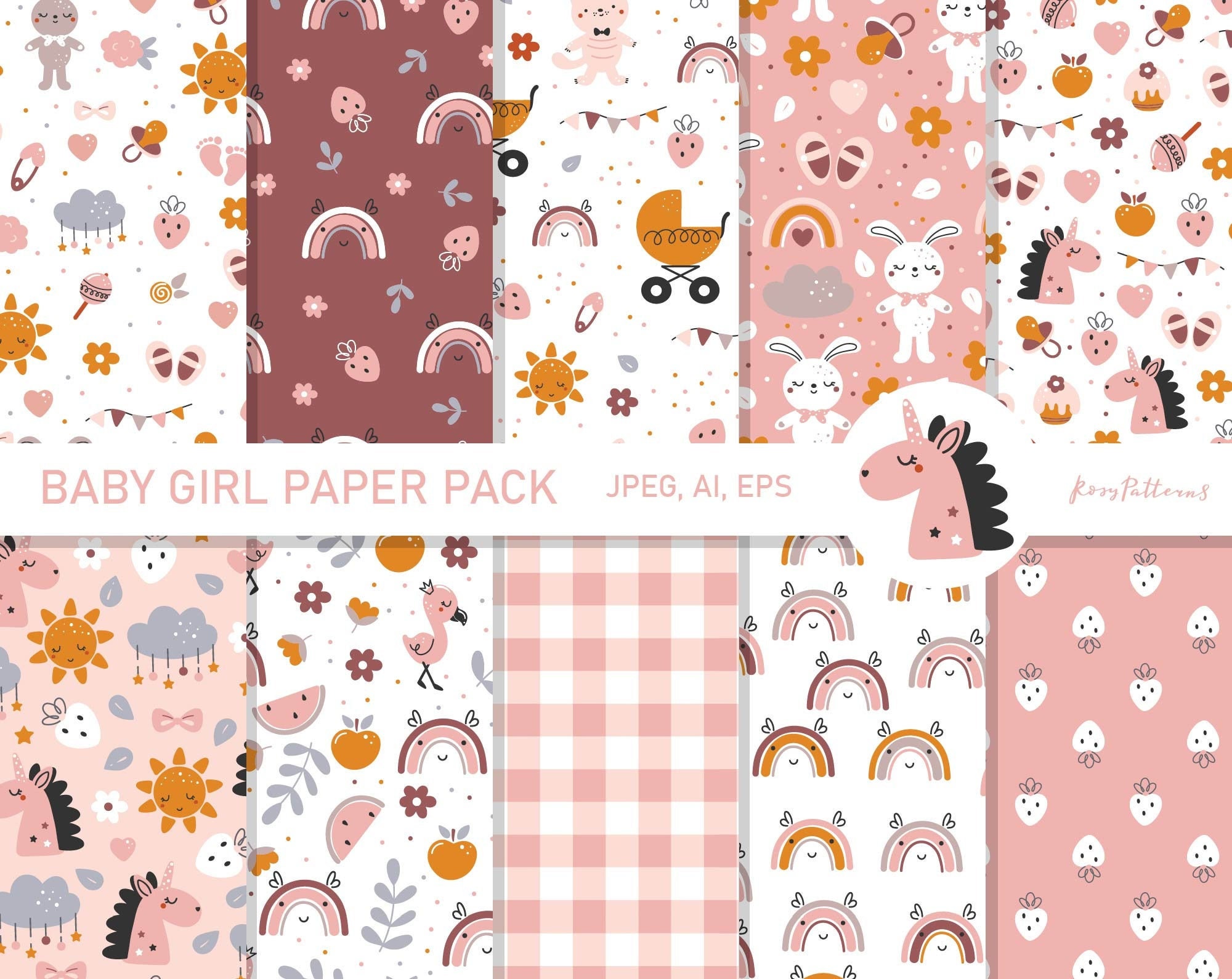 Baby girl digital paper pack baby scrapbook paper seamless Etsy