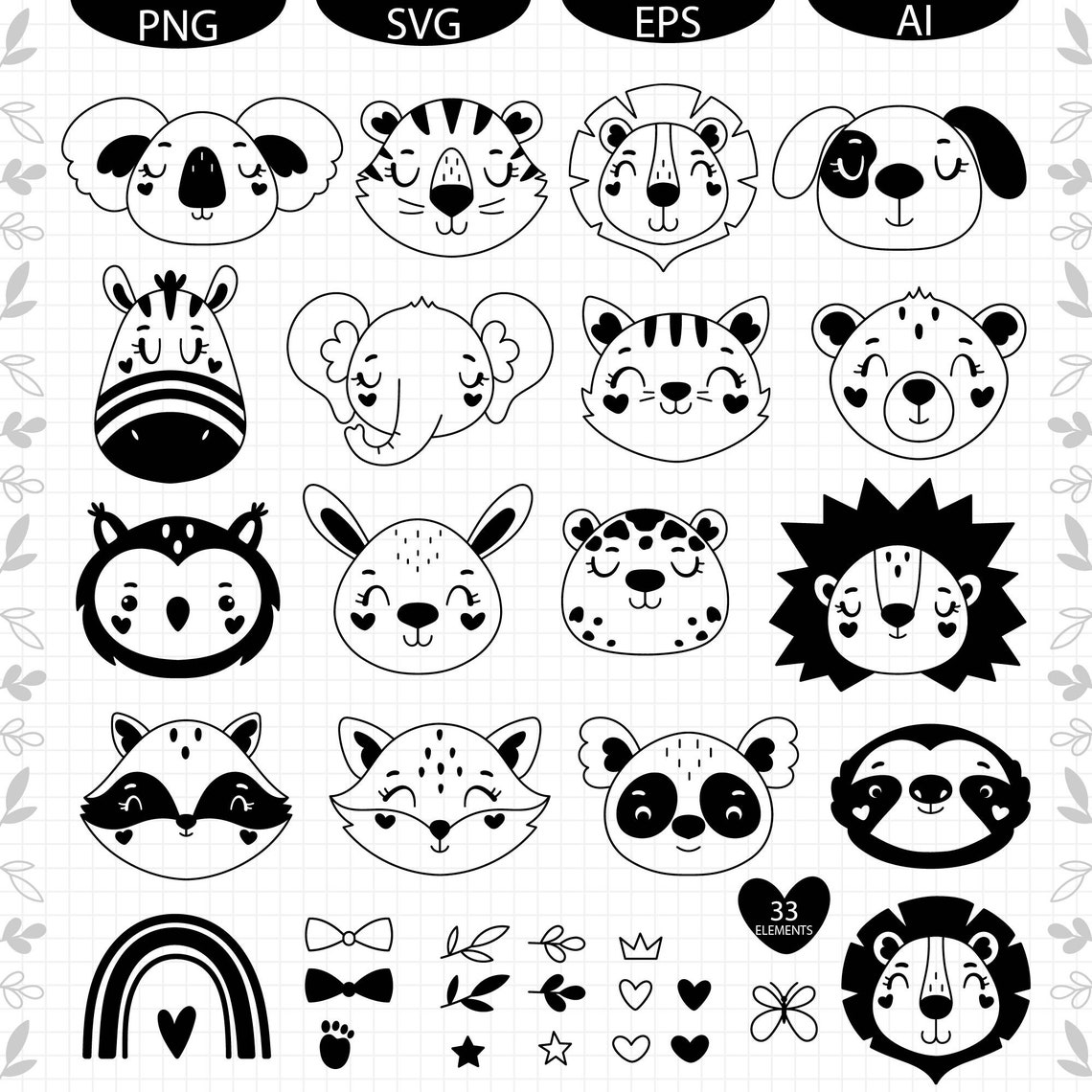 Animal svg bundle cute animal face kids baby svg black and Etsy