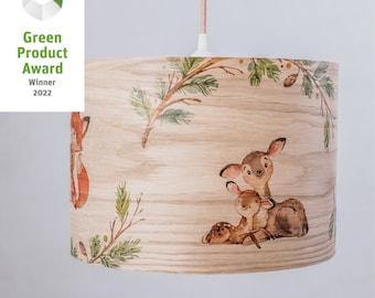 Ceiling lamp children&#39;s room handmade wooden lampshade forest animals fox deer rabbit bear