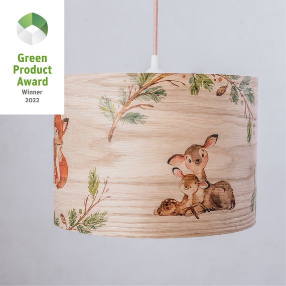 Deckenlampe Kinderzimmer handgefertigter Lampenschirm aus Holz Waldtiere  Fuchs Reh Hase Bär
