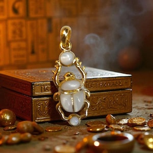 Gold Scarab Amulet Necklace: Mother of Pearl Egyptian Revival Pendant