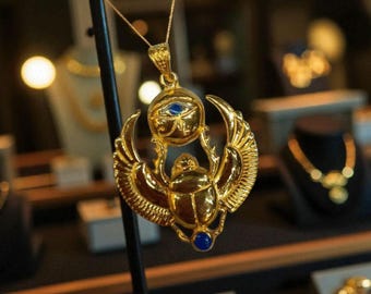 古代エジプト　ホルスのネックレス　M33-1 古代エジプトのホルスの目、金と青のペンダントネックレス - エジプト