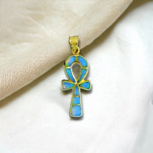 Egyptian Jewelry Gold  Filled Key Of Life Ankh Opal Pendent. Pharaonic hieroglyphic amulet pendant