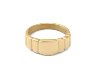 Gold Signet Ring – 18K PVD Stainless Steel Ridged Band, Comfort Fit