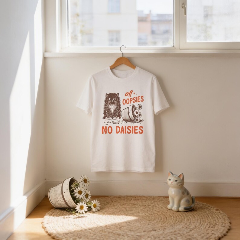 a white t-shirt hanging on a wooden hanger, with a cat figurine and a basket of flowers placed on a rug in front of it.