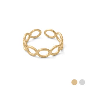 May include: A gold-toned ring featuring an open, adjustable band design composed of a series of connected, smooth oval-shaped links. The metal has a polished finish, and the circular structure is interrupted by a small gap at the top.