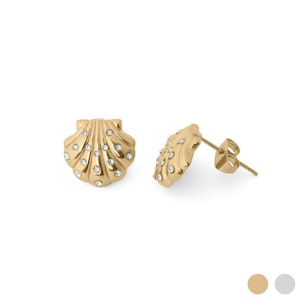 May include: A pair of gold-colored seashell stud earrings. Each earring is shaped like a scallop shell and is embellished with small, clear crystals. The earrings are displayed on a white background.