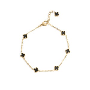 Gold Small Floral Motif Bracelet with black flower-shaped charms on a white background