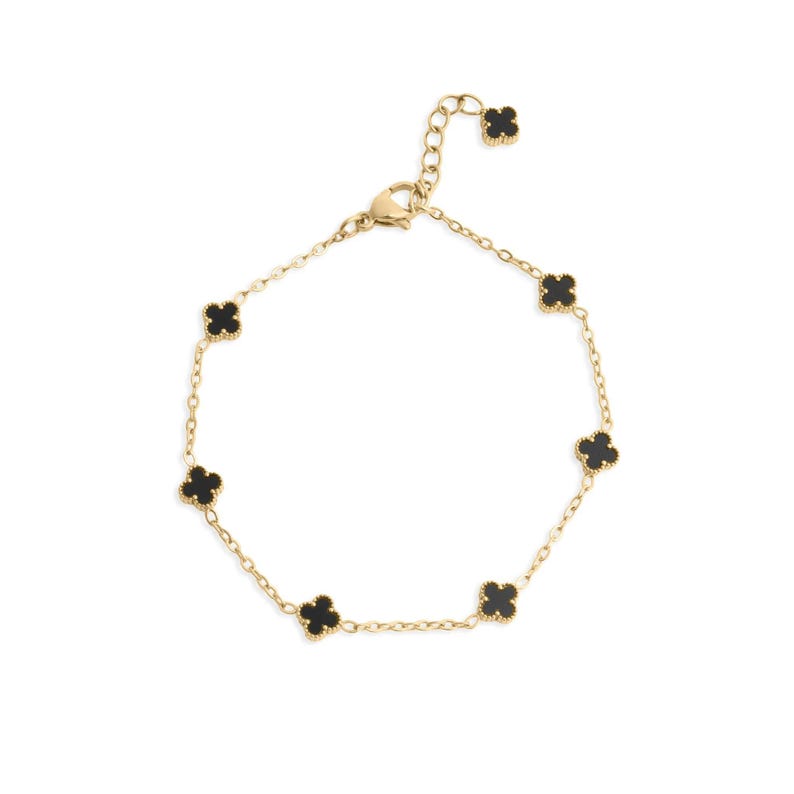 Gold Small Floral Motif Bracelet with black flower-shaped charms on a white background