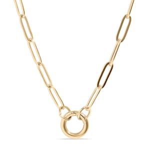 May include: A gold-colored chain necklace with elongated oval links and a circular clasp. The necklace is made of a shiny, metallic material and is displayed against a white background. The clasp is a prominent feature.